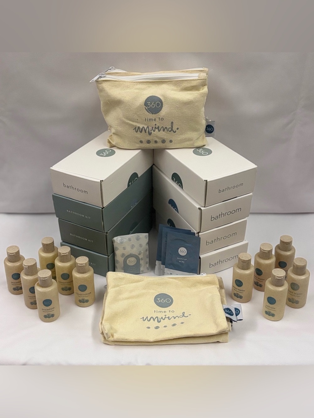 360 Luxury Guest Room Toiletries Bathroom Amenities Kit Bulk Travel Size Lot